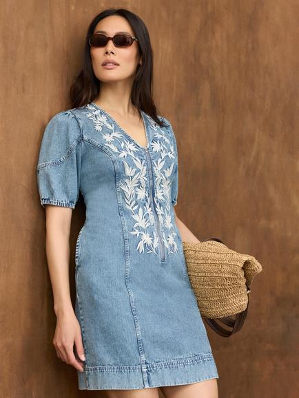 Mint Velvet Embroidered Denim Mini Dress, Blue - view 2, Blue
