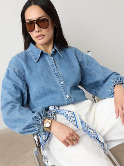 Mint Velvet Blouson Sleeve Denim Shirt, Blue, Blue