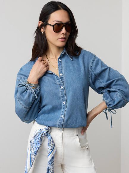 Mint Velvet Blouson Sleeve Denim Shirt, Blue - view 2, Blue