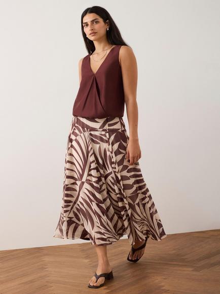 Mint Velvet Palm Print Drop Waist Skirt, Red Burgundy, Red Burgundy