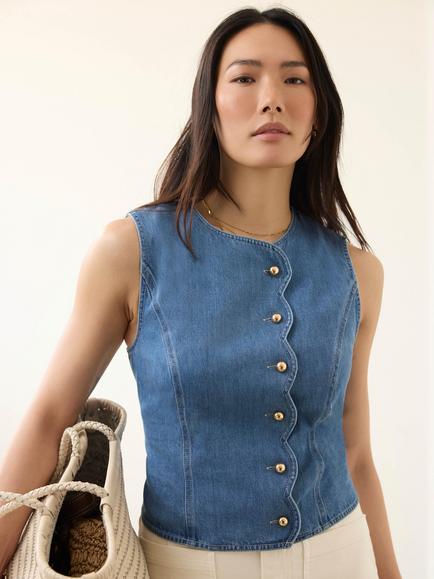 Mint Velvet Denim Scallop Waistcoat, Blue, Blue
