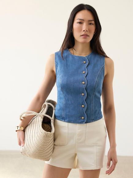 Mint Velvet Denim Scallop Waistcoat, Blue - view 2, Blue