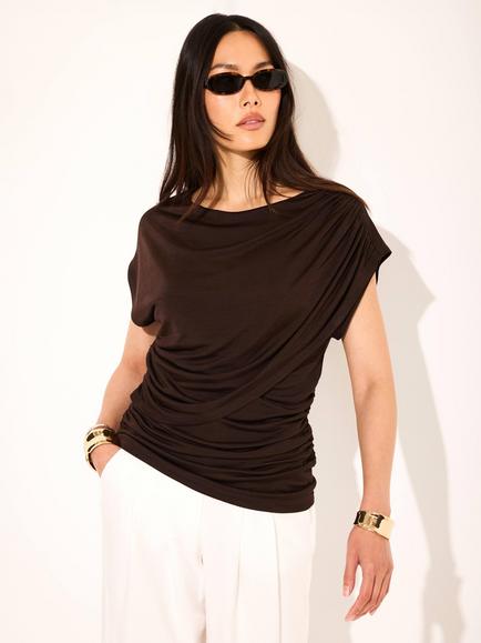 Mint Velvet Double Layer Drape Top, Brown, Brown