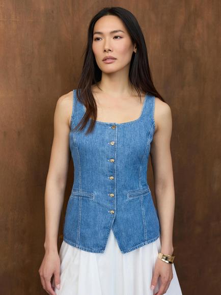 Mint Velvet Button Front Denim Waistcoat Top, Blue, Blue