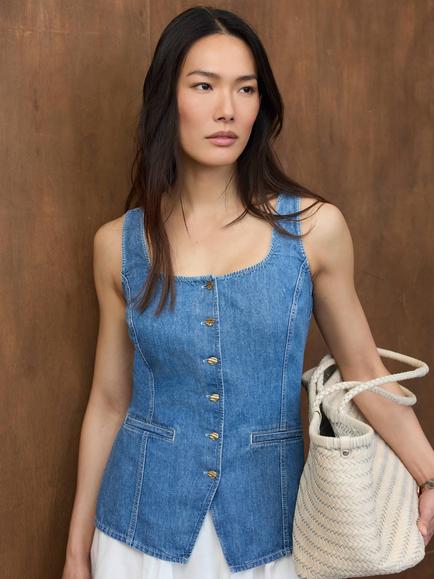 Mint Velvet Button Front Denim Waistcoat Top, Blue - view 2, Blue