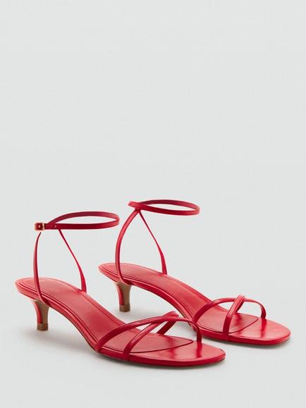 Mango Sculpted Strappy Kitten Heel Sandals, Red - view 2, Red