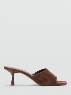 Mango Suede Curved Open Toe Kitten Heel Mules, Chocolate, Chocolate