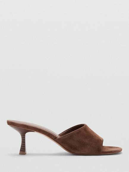 Mango Suede Curved Open Toe Kitten Heel Mules, Chocolate, Chocolate