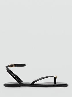 Mango Leather Metallic Detail Ankle Strap Sandals, Black, Black