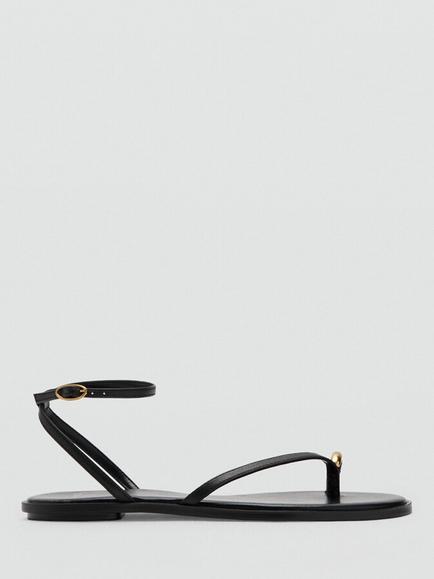 Mango Leather Metallic Detail Ankle Strap Sandals, Black, Black