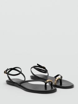 Mango Leather Metallic Detail Ankle Strap Sandals, Black - view 2, Black