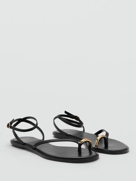 Mango Leather Metallic Detail Ankle Strap Sandals, Black - view 2, Black