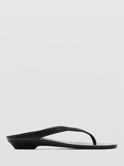 Mango Leather Sculpted Low Heel Thong Sandals, Black, Black