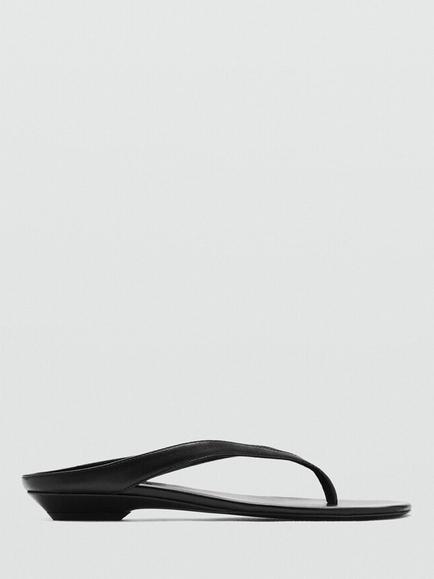 Mango Leather Sculpted Low Heel Thong Sandals, Black, Black