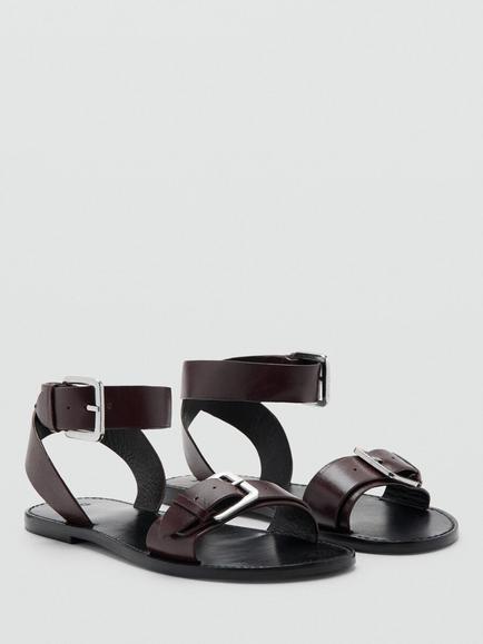 Mango Leather Buckle Strappy Sandals, Chocolate - view 2, Chocolate