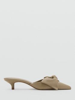 Mango Suede Knot Bow Pointed Toe Kitten Heel Mules, Beige, Beige