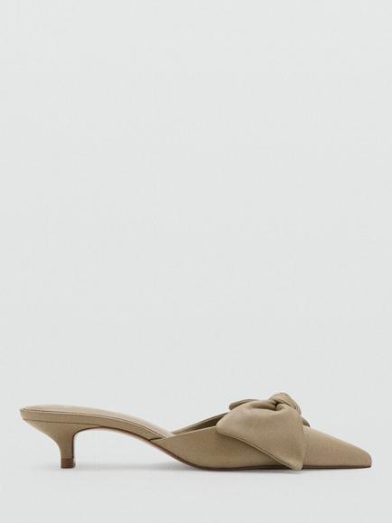 Mango Suede Knot Bow Pointed Toe Kitten Heel Mules, Beige, Beige