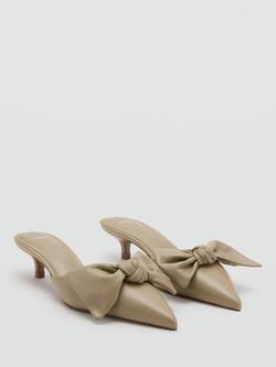 Mango Suede Knot Bow Pointed Toe Kitten Heel Mules, Beige - view 2, Beige