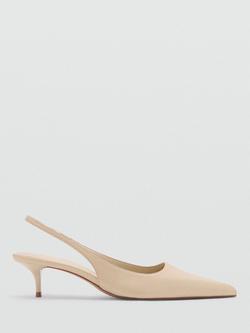 Mango Sculpted Leather Pointed Toe Kitten Heel Slingback Court Shoes, Raw, Raw