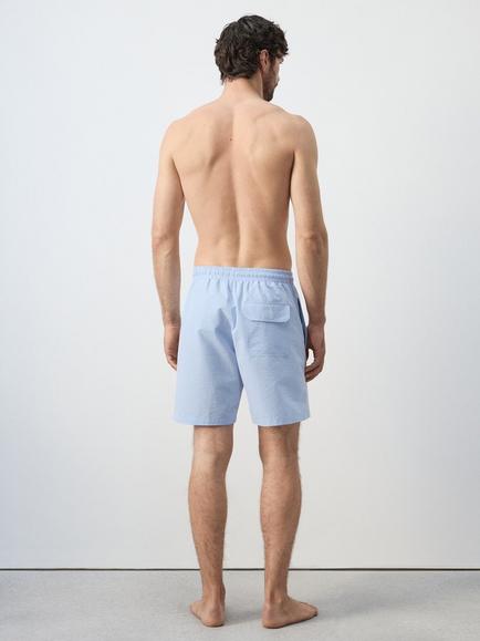 Mango Mid Length Cotton Blend Seersucker Swim Shorts, Sky Blue - view 2, Sky Blue