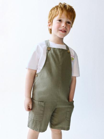 Mango Kids' Crossback Short Dungarees, Khaki, Khaki