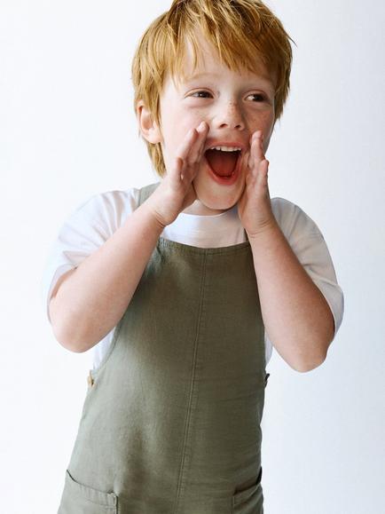 Mango Kids' Crossback Short Dungarees, Khaki - view 2, Khaki