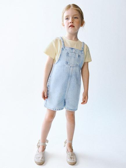 Mango Kids' Sleeveless Square Neck Denim Playsuit, Light Blue, Light Blue