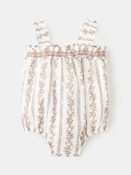 Mango Baby Square Neck Smocked Ruffle Romper, Off White, Off White