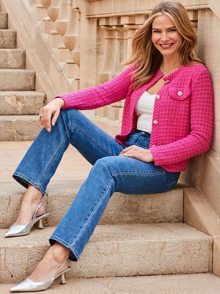 Sosandar Textured Waffle Knit Cardigan, Bright Pink, Bright Pink