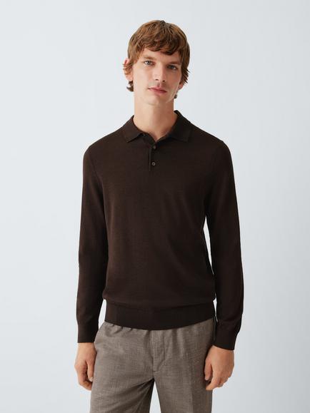 John Lewis Long Sleeve Wool Silk Blend Polo Shirt, Brown