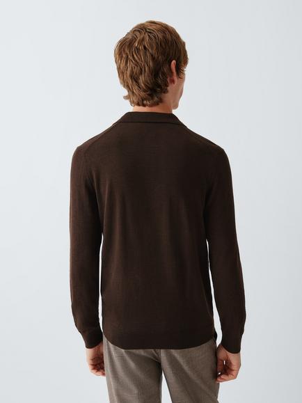 John Lewis Long Sleeve Wool Silk Blend Polo Shirt - view 2, Brown