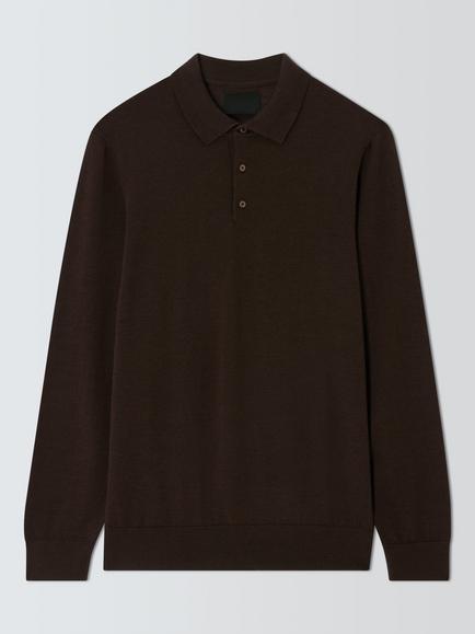 John Lewis Long Sleeve Wool Silk Blend Polo Shirt, Brown