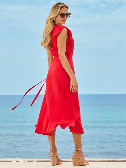 Sosandar Frill Trim Linen Blend Midi Dress, Coral - view 2, Coral