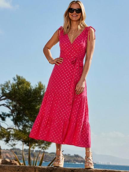 Sosandar Spot Metallic Tiered Wrap Midi Dress, Coral/Gold, Coral/Gold