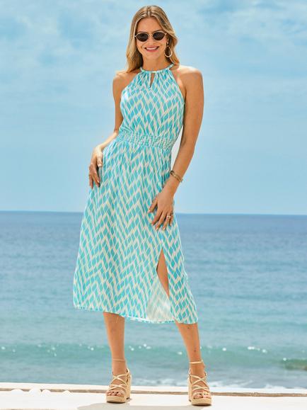 Sosandar Geometric Halterneck Midi Dress, Blue/White, Blue/White