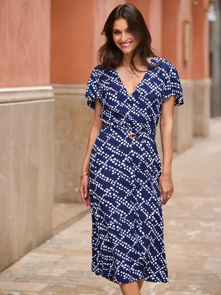 Sosandar Spot Flutter Sleeve Fit & Flare Dress, Navy Blue, Navy Blue