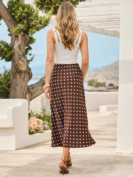 Sosandar Polka Dot Satin Skirt, Brown - view 2, Chocolate Brown