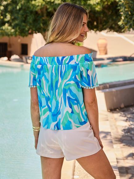 Sosandar Abstract Viscose Bardot Short Sleeve Top, Blue - view 2, Oceana Blue