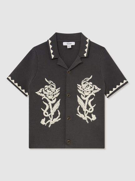 Reiss Kids' Floral Embroidered Knit Shirt, Grey, Grey