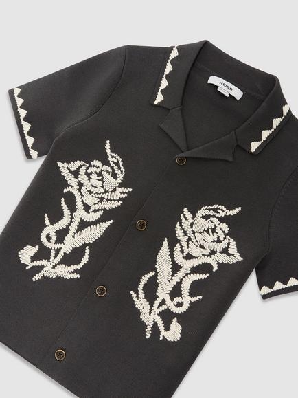 Reiss Kids' Floral Embroidered Knit Shirt, Grey - view 2, Grey
