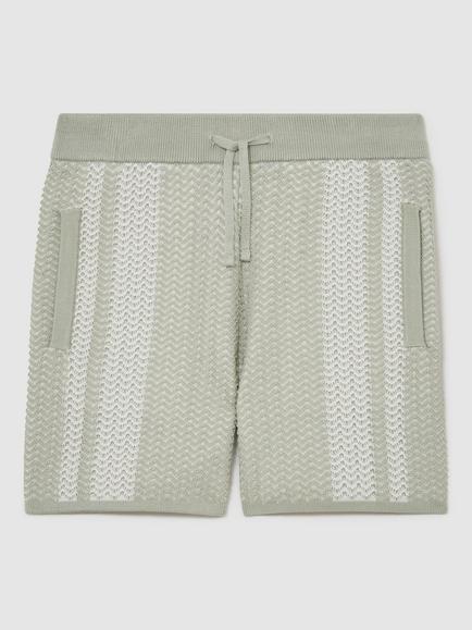 Reiss Kids' Rudy Textured-Knit Striped Shorts, Sage/White, Sage/White