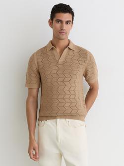Reiss Belford Pointelle Knit Short Sleeve Open Collar Polo Jumper, Camel, Camel