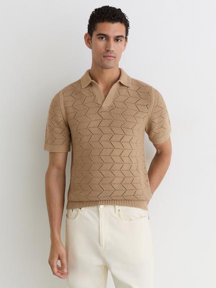 Reiss Belford Pointelle Knit Short Sleeve Open Collar Polo Jumper, Camel, Camel