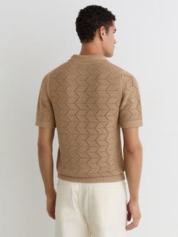 Reiss Belford Pointelle Knit Short Sleeve Open Collar Polo Jumper, Camel - view 2, Camel