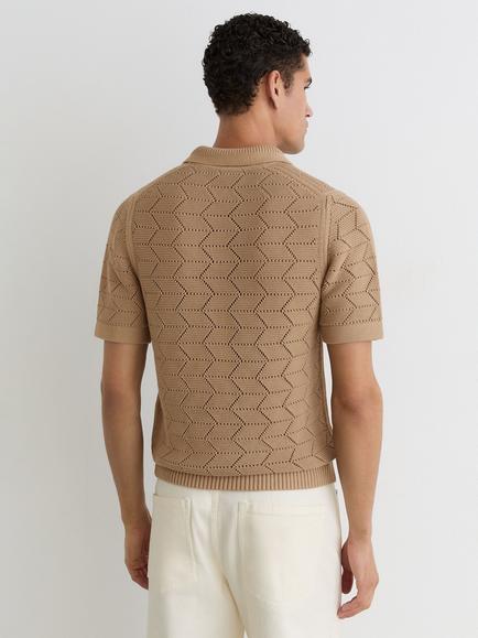 Reiss Belford Pointelle Knit Short Sleeve Open Collar Polo Jumper, Camel - view 2, Camel
