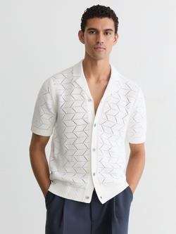 Reiss Dalkeith Pointelle Knit Cuban Collar Short Sleeve Shirt, White, White