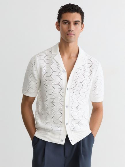 Reiss Dalkeith Pointelle Knit Cuban Collar Short Sleeve Shirt, White, White