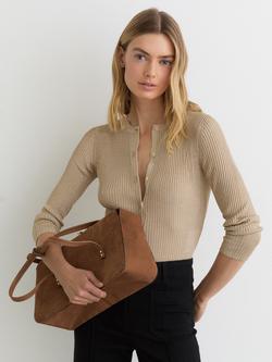 Reiss Milo Metallic Rib Knit Cardigan, Gold, Gold