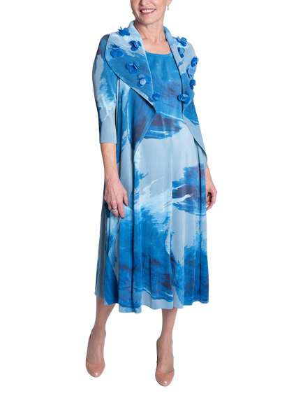 chesca Splash Mock Jacket Shift Dress, Cobalt/Grey, Cobalt/Grey