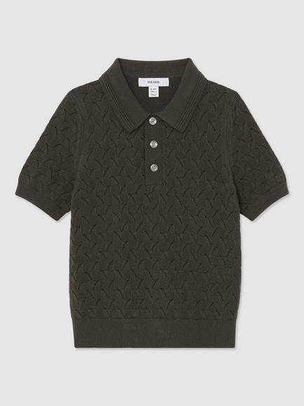 Reiss Kids' Boston Cotton Pointelle Knit Polo Jumper, Dark Sage